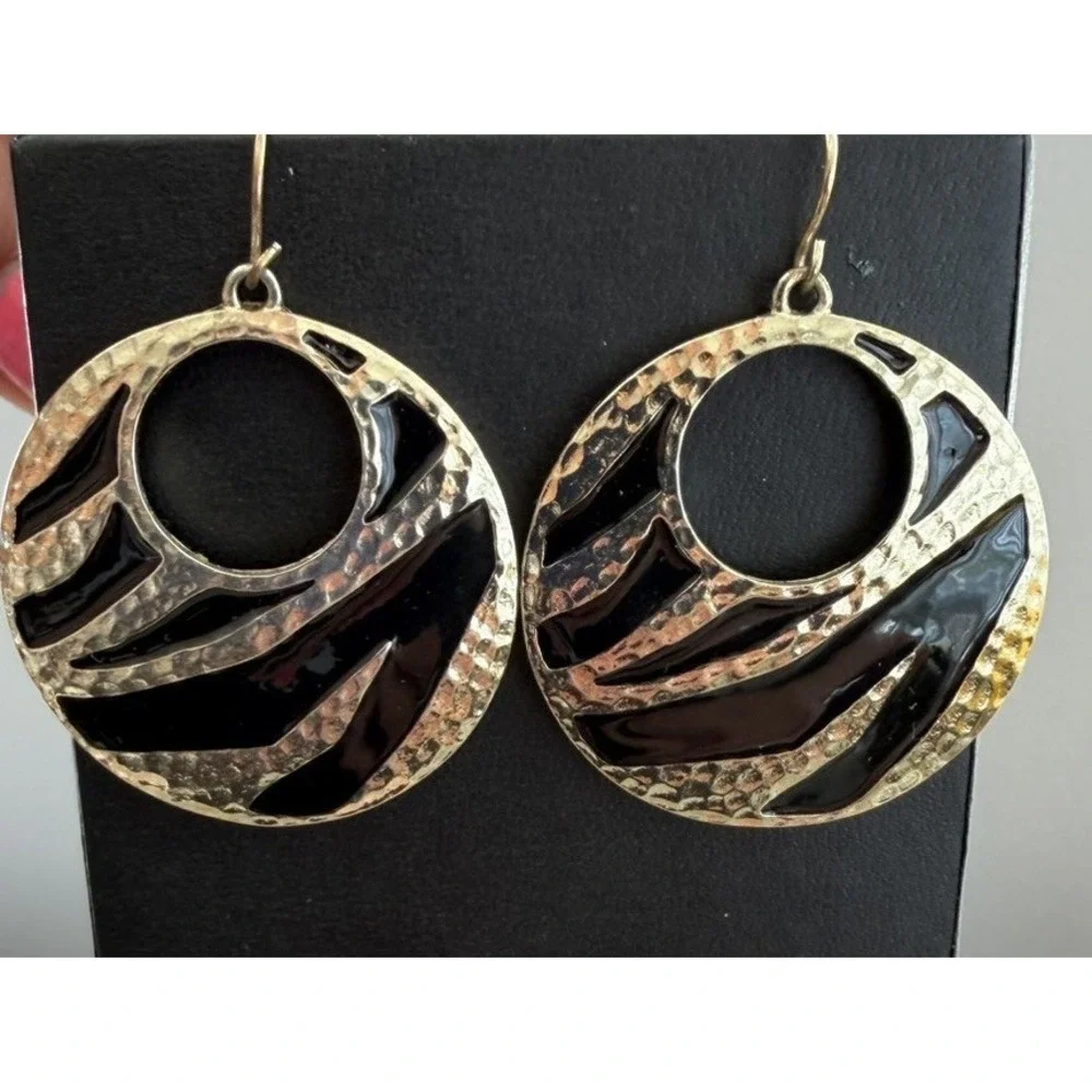 Round Zebra Print Dangle Drop Earrings Metal Gold & Black Half Moon Statement